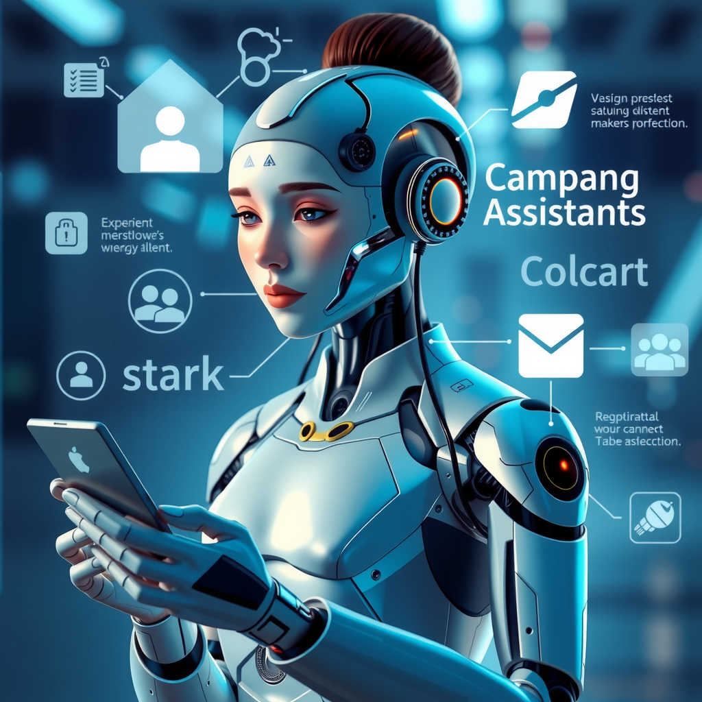 A futuristic AI assistant handling various business tasks.
