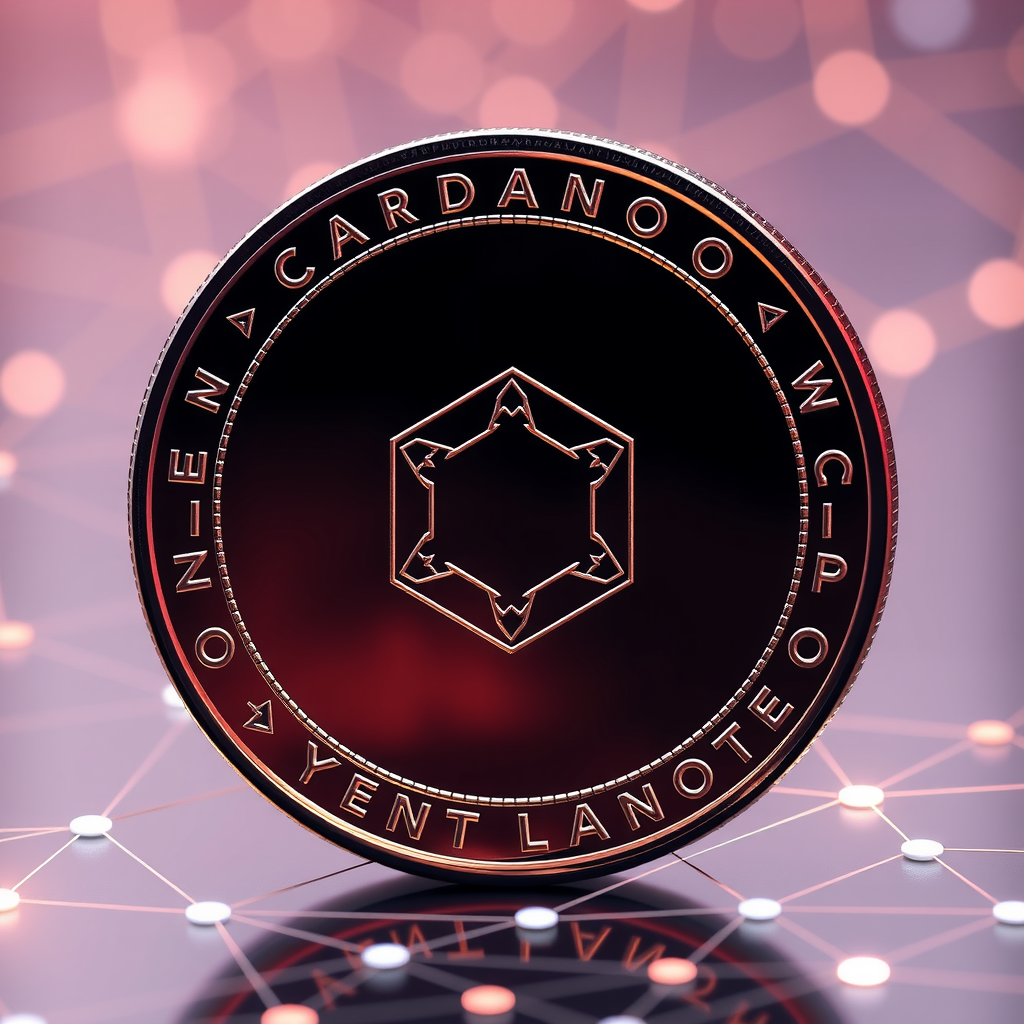 Create a image showing coins with the Cardano logo to illustrate crypto currency. The background can be abstract and futuristic e.g show a blockchain which is a network with nodes and edges