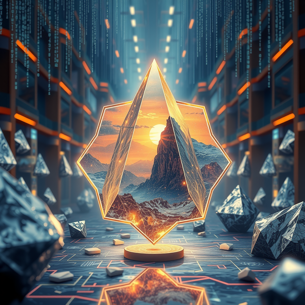 Create an image inspired by the concept of Non-Fungible Tokens or NFTs. The artwork could be a stunning landscape or complex abstract design, surrounded by the ethereal glow of blockchain code strings, hinting at the underpinning technology of NFTs. In the background, portray a digital marketplace, filled with other similar prisms, making a scene that feels futuristic and exploring the excitement and intrigue surrounding the digitized art market.