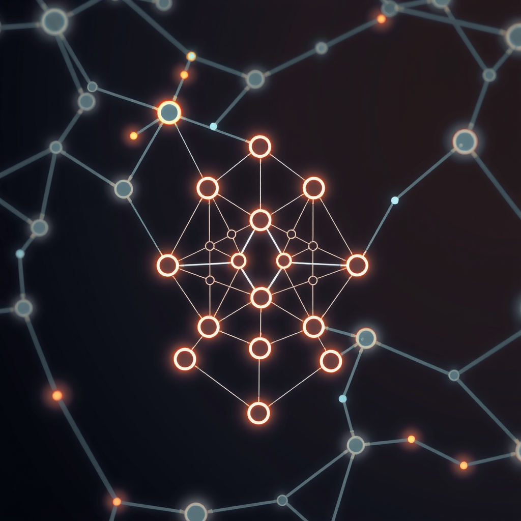 Create an image showing a blockchain in a abstract way with nodes and edges. A kind of network that is running the blockchain.