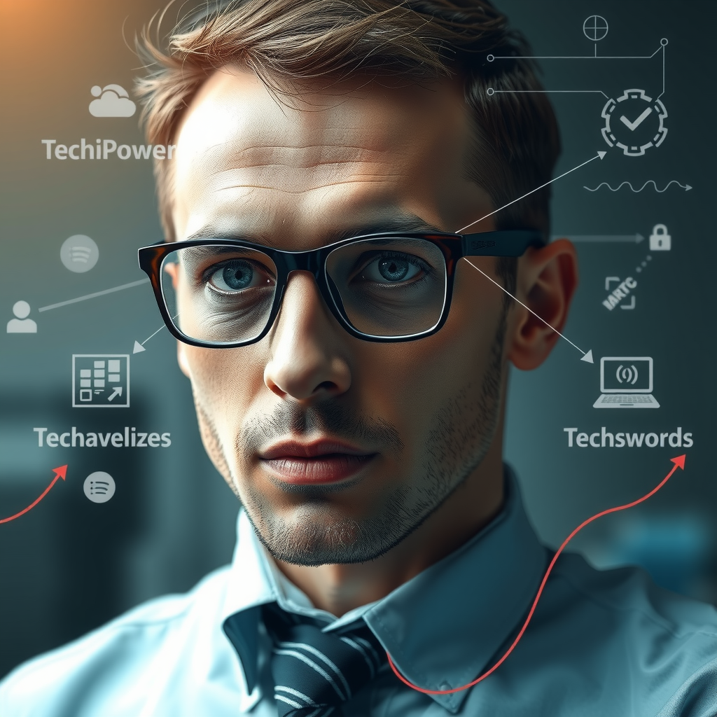 ai-generated image of a business professional facing crossroads, with tech-inspired solutions visualized around them