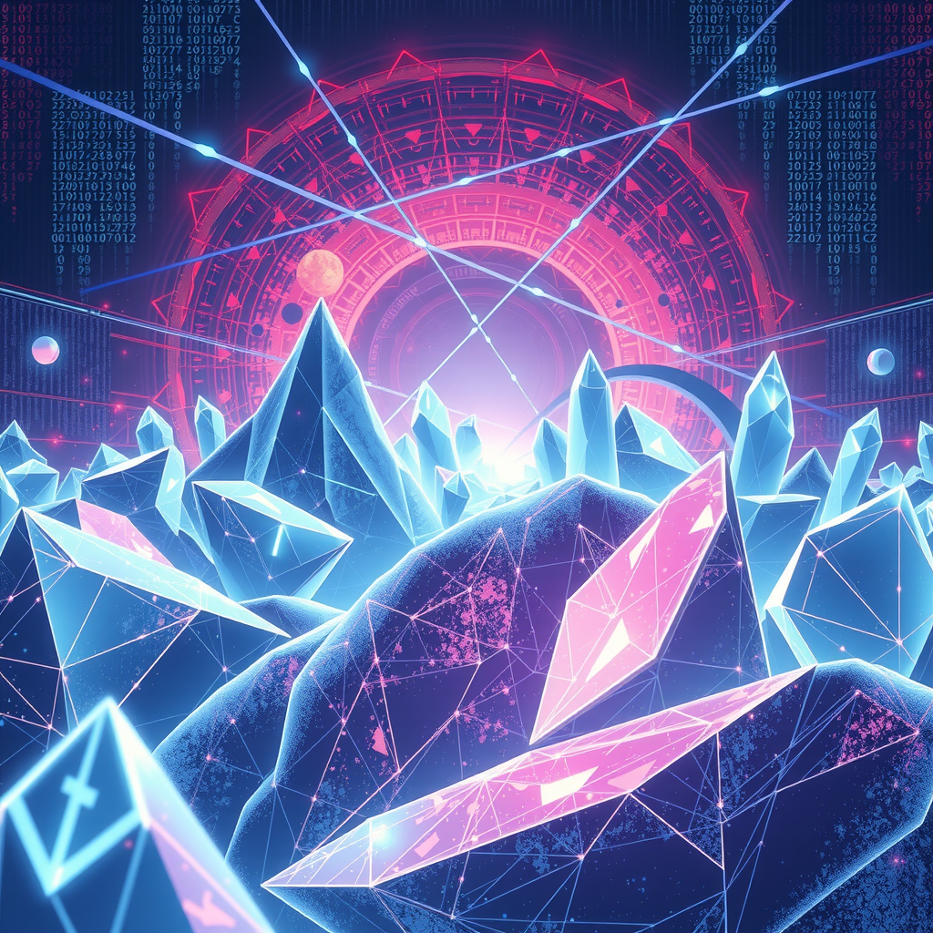 Create an image inspired by the concept of Non-Fungible Tokens or NFTs. The artwork could be a stunning landscape or complex abstract design, surrounded by the ethereal glow of blockchain code strings, hinting at the underpinning technology of NFTs. In the background, portray a digital marketplace, filled with other similar prisms, making a scene that feels futuristic and exploring the excitement and intrigue surrounding the digitized art market.
