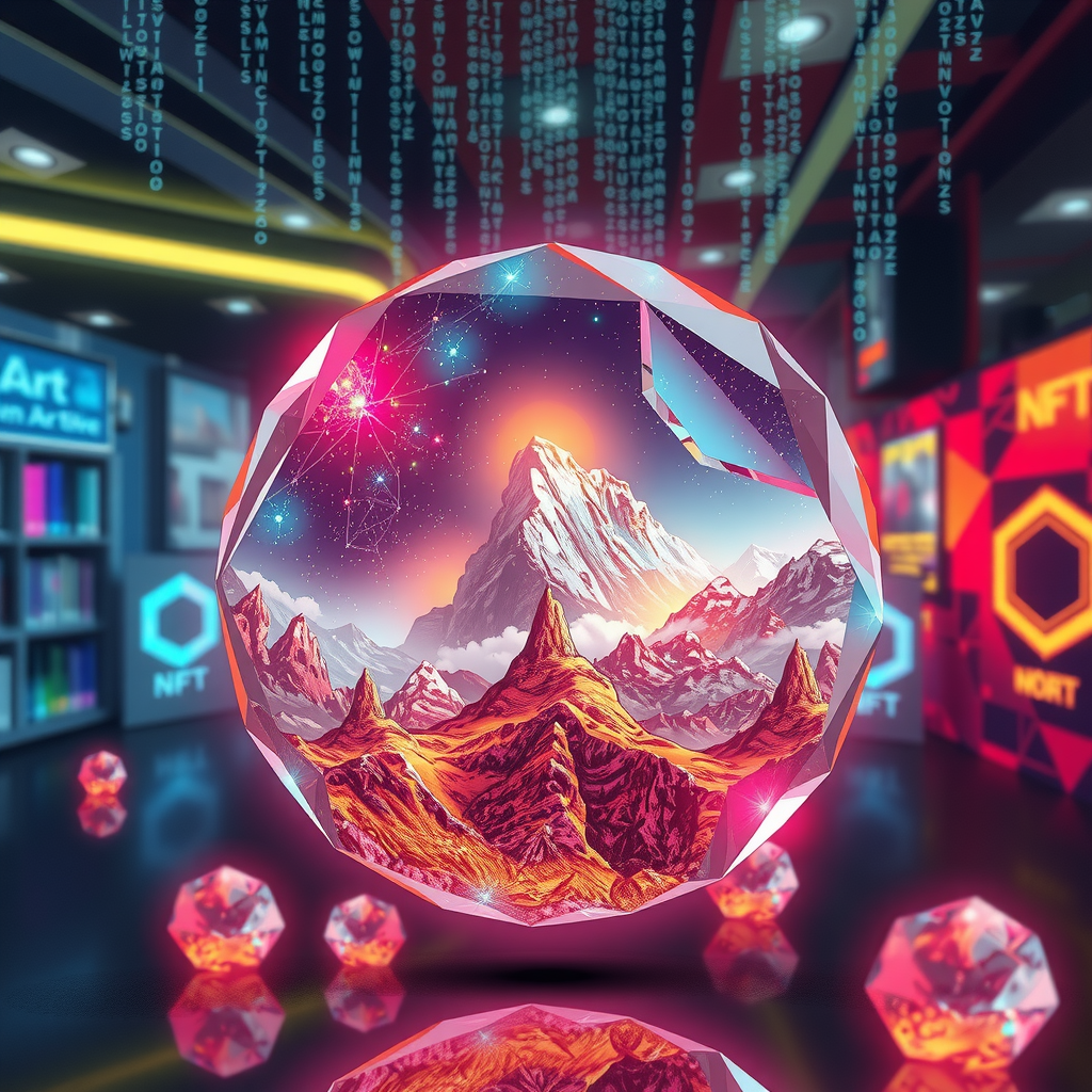 Create an image inspired by the concept of Non-Fungible Tokens or NFTs. The artwork could be a stunning landscape or complex abstract design, surrounded by the ethereal glow of blockchain code strings, hinting at the underpinning technology of NFTs. In the background, portray a digital marketplace, filled with other similar prisms, making a scene that feels futuristic and exploring the excitement and intrigue surrounding the digitized art market.