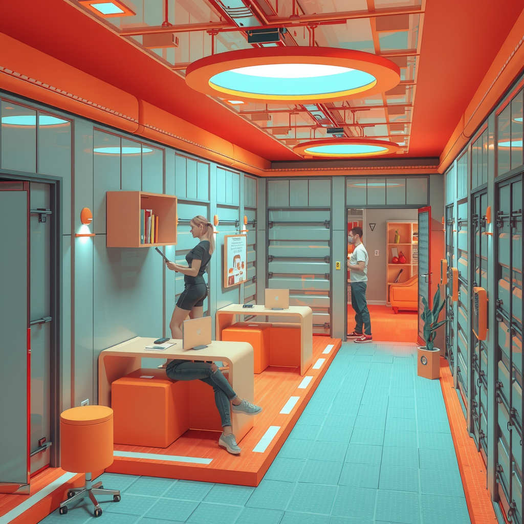 ai-generated image of a futuristic storage-sharing economy, showing people renting out spaces