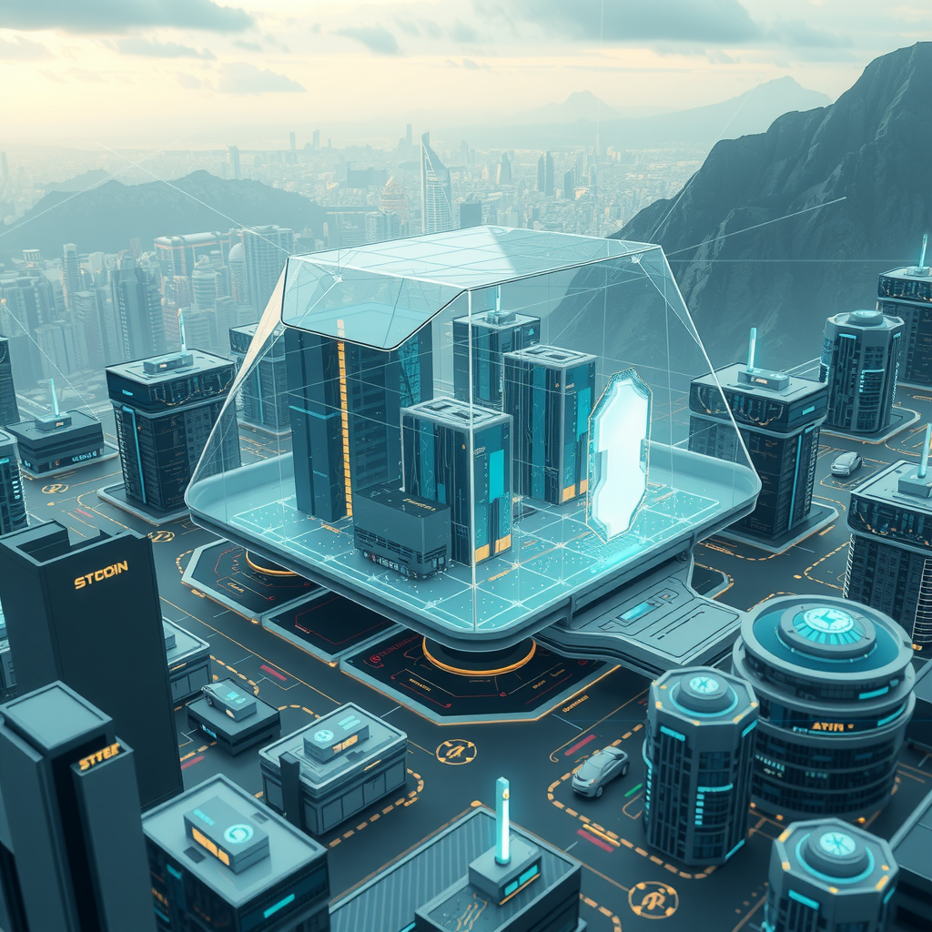 A futuristic city powered by decentralized blockchain nodes, showing a transparent system.
