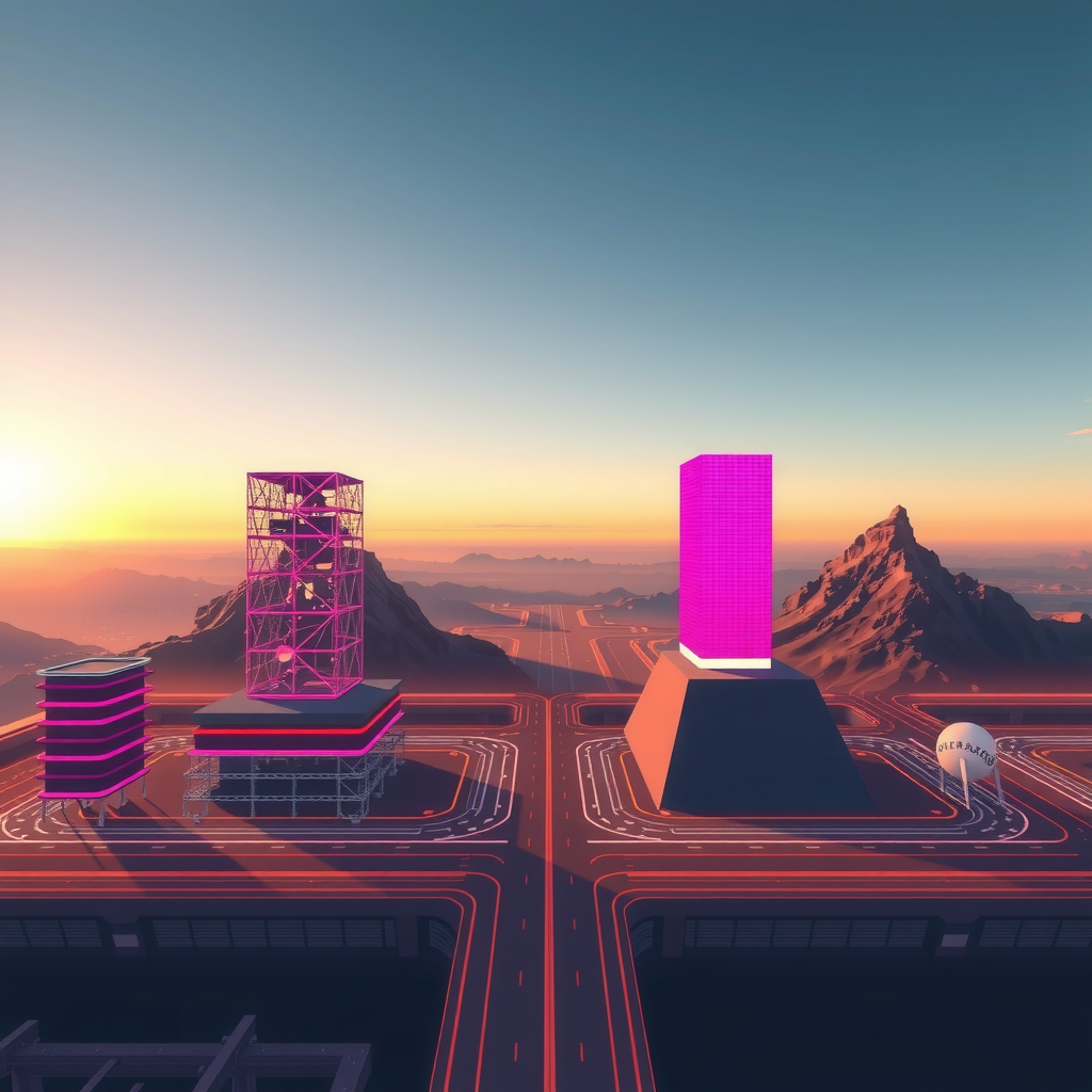 Visualize scaling technology and future tech by different backend architecture choices. Create an image that is creating an athmosphere about future technology. 