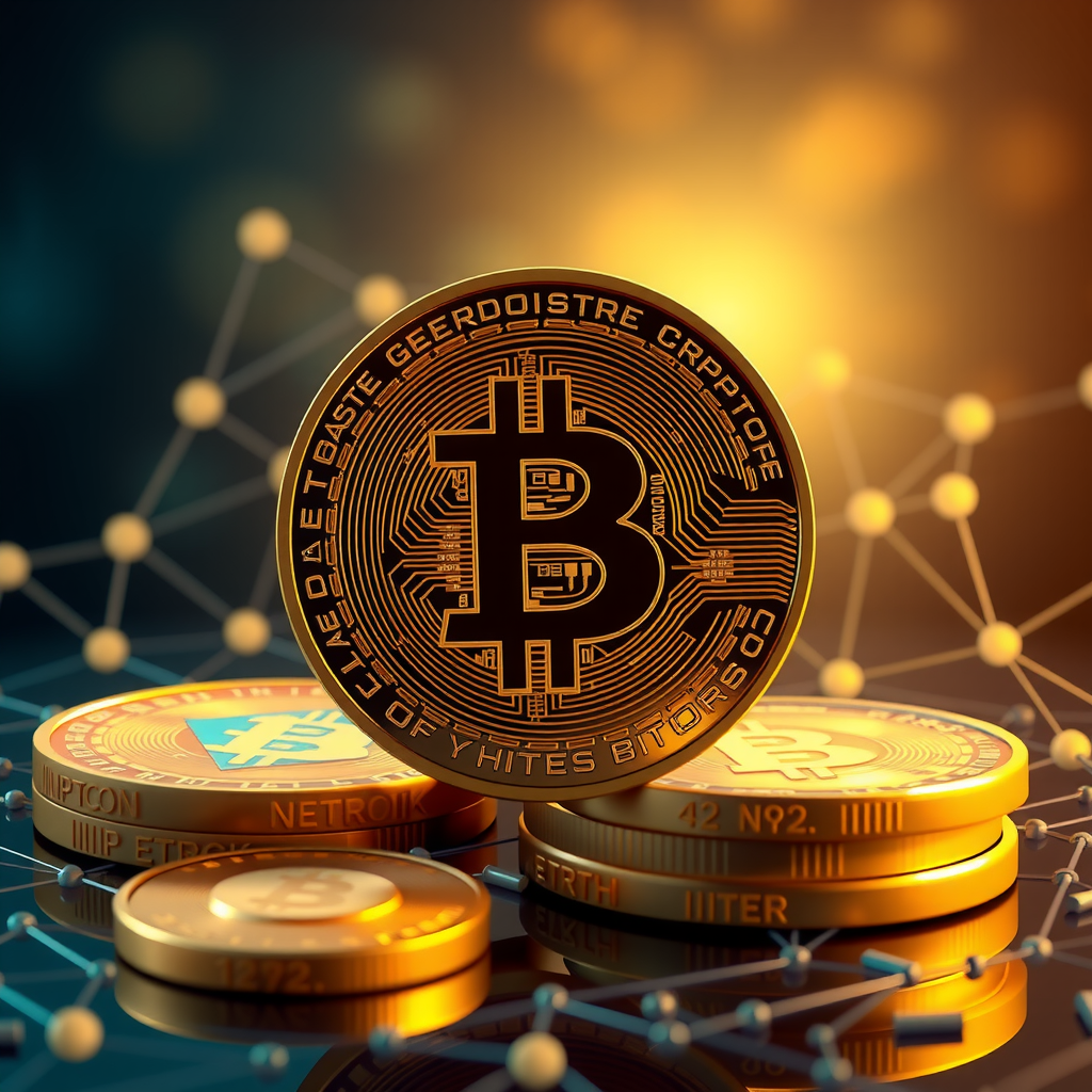Create a image showing coins with a crypto logo to illustrate crypto currency. You can use the BTC, ETH, or similar famous crypto logo. The background can be abstract and futuristic e.g show a blockchain which is a network with nodes and edges