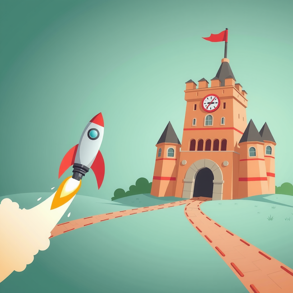 A race between a rocket (speed) and a fortified castle (stability).