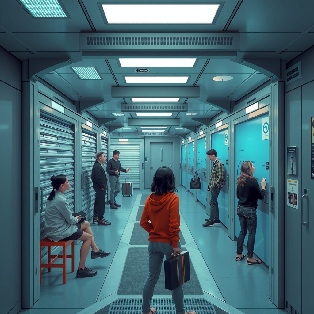 ai-generated image of a futuristic storage-sharing economy, showing people renting out spaces