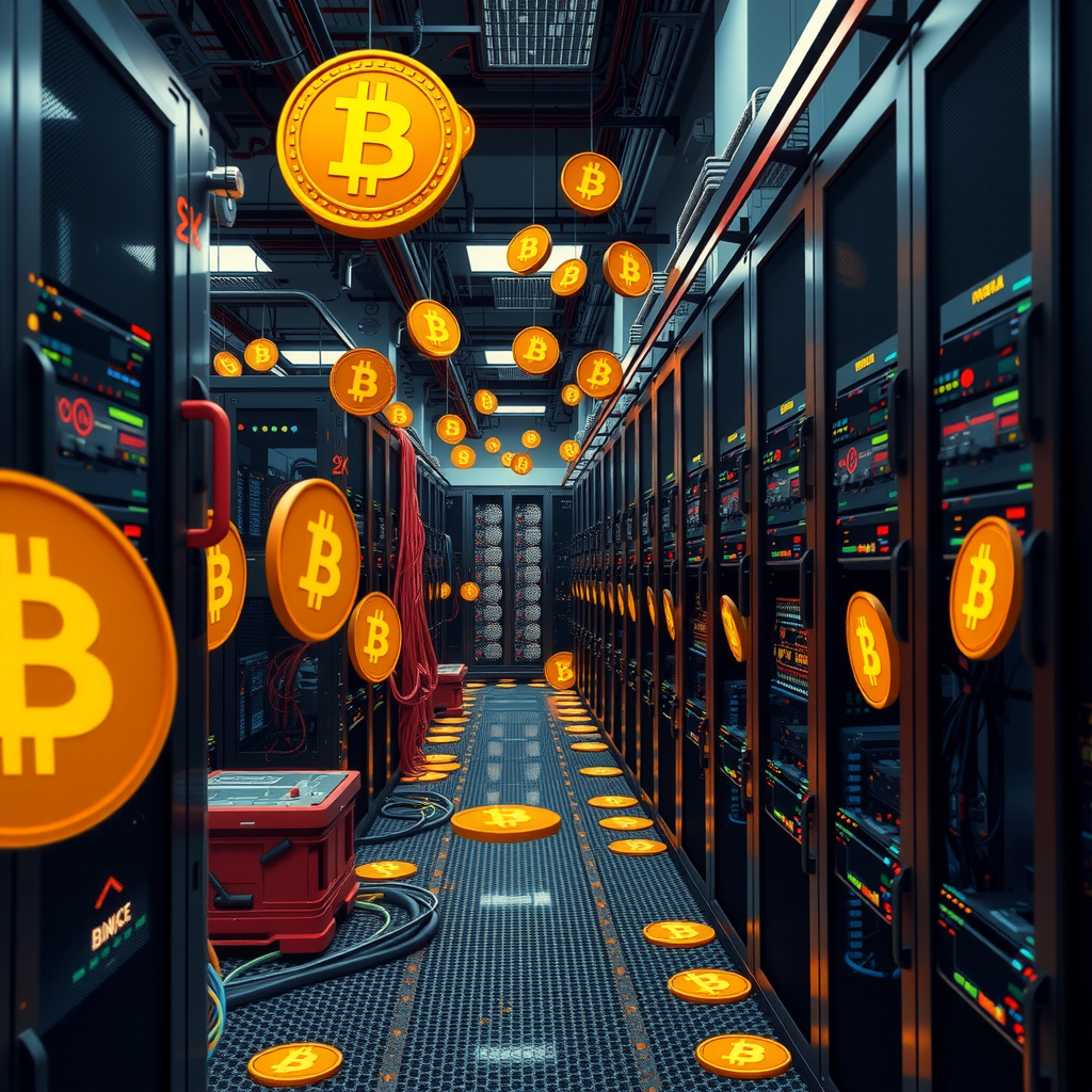 Create a image showing a crypto mining data center which is producing bitcoins or other crypto currencies