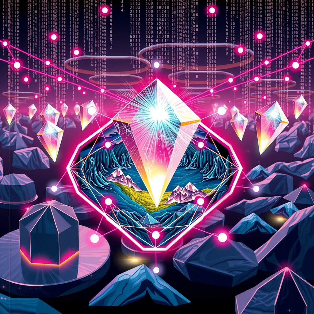Create an image inspired by the concept of Non-Fungible Tokens or NFTs. The artwork could be a stunning landscape or complex abstract design, surrounded by the ethereal glow of blockchain code strings, hinting at the underpinning technology of NFTs. In the background, portray a digital marketplace, filled with other similar prisms, making a scene that feels futuristic and exploring the excitement and intrigue surrounding the digitized art market.