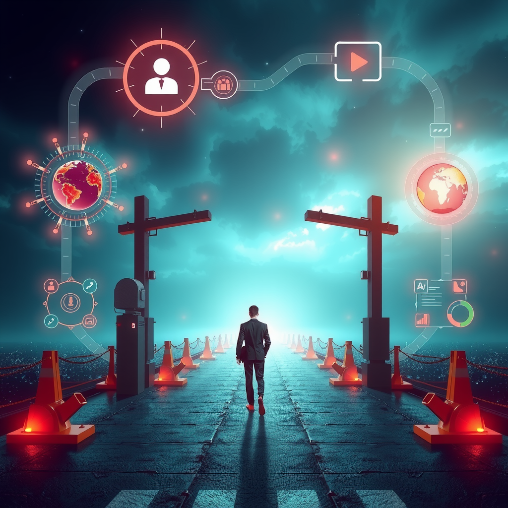 ai-generated image of a business professional facing crossroads, with tech-inspired solutions visualized around them