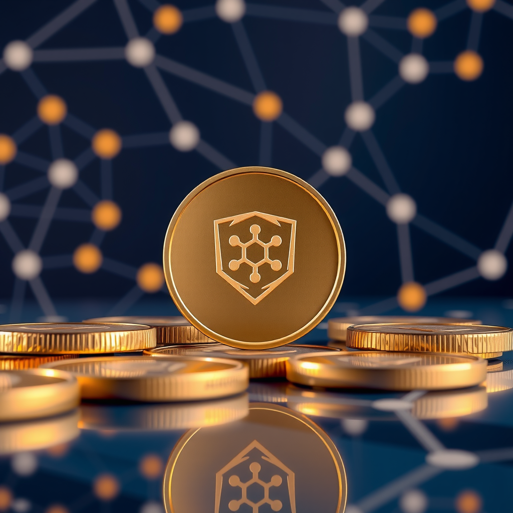 Create a image showing coins with the Cardano logo to illustrate crypto currency. The background can be abstract and futuristic e.g show a blockchain which is a network with nodes and edges