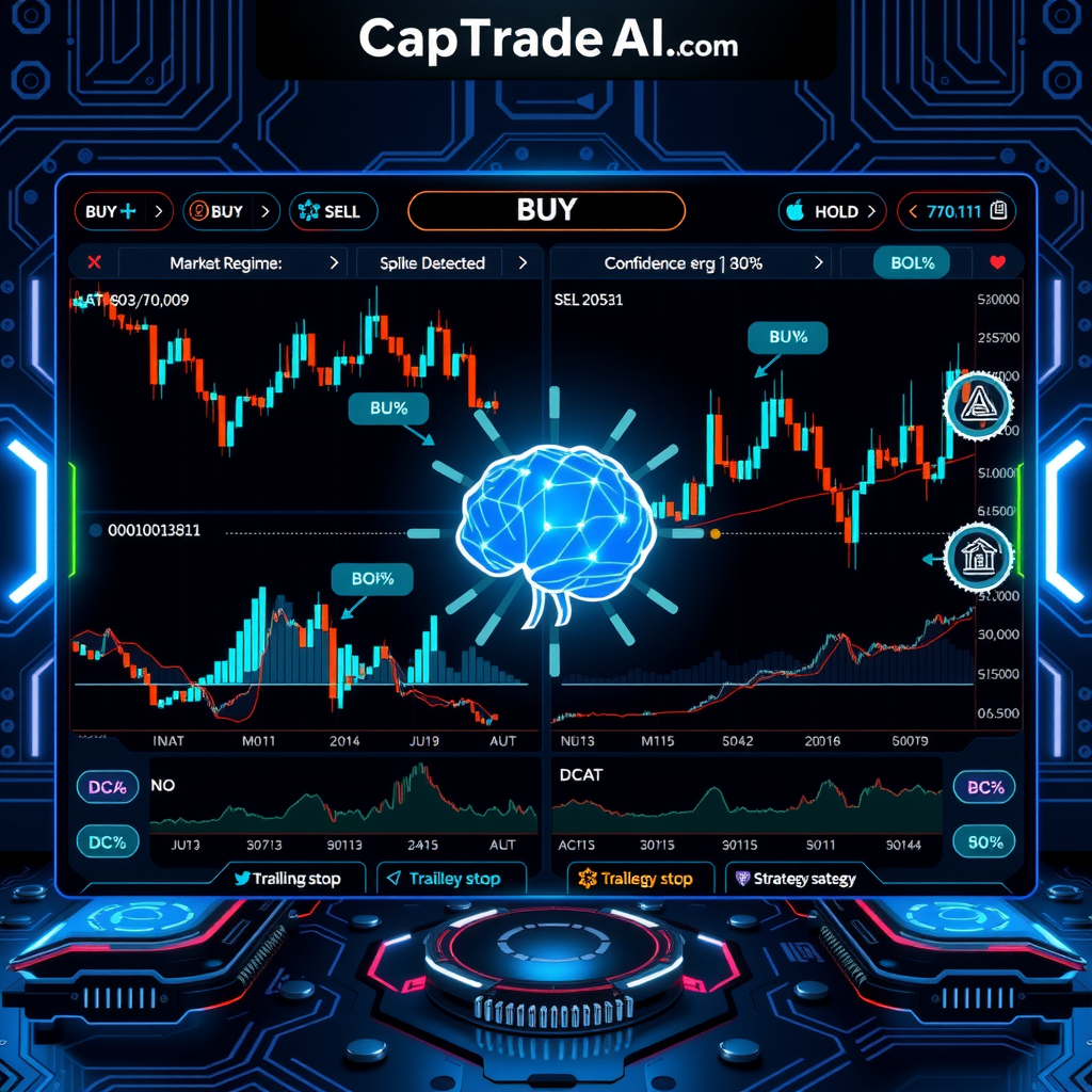 Create a futuristic, high-tech dashboard interface showcasing an autonomous crypto trading AI. The scene includes: • Real-time candlestick charts with AI annotations (“BUY”, “SELL”, “HOLD”) • Labels like “Market Regime: Bull”, “Volatility Spike Detected”, and “Confidence &amp;gt; 80%” • Floating icons or overlays representing DCA, trailing stop, and strategy voting • A glowing neural network brain integrated into a circuit board • Dark mode color palette with electric blue and neon green highlights The style should blend cyberpunk aesthetics with financial UI/UX design, ideal for a promo of CapTradeAI.com — a next-gen autonomous trading agent.