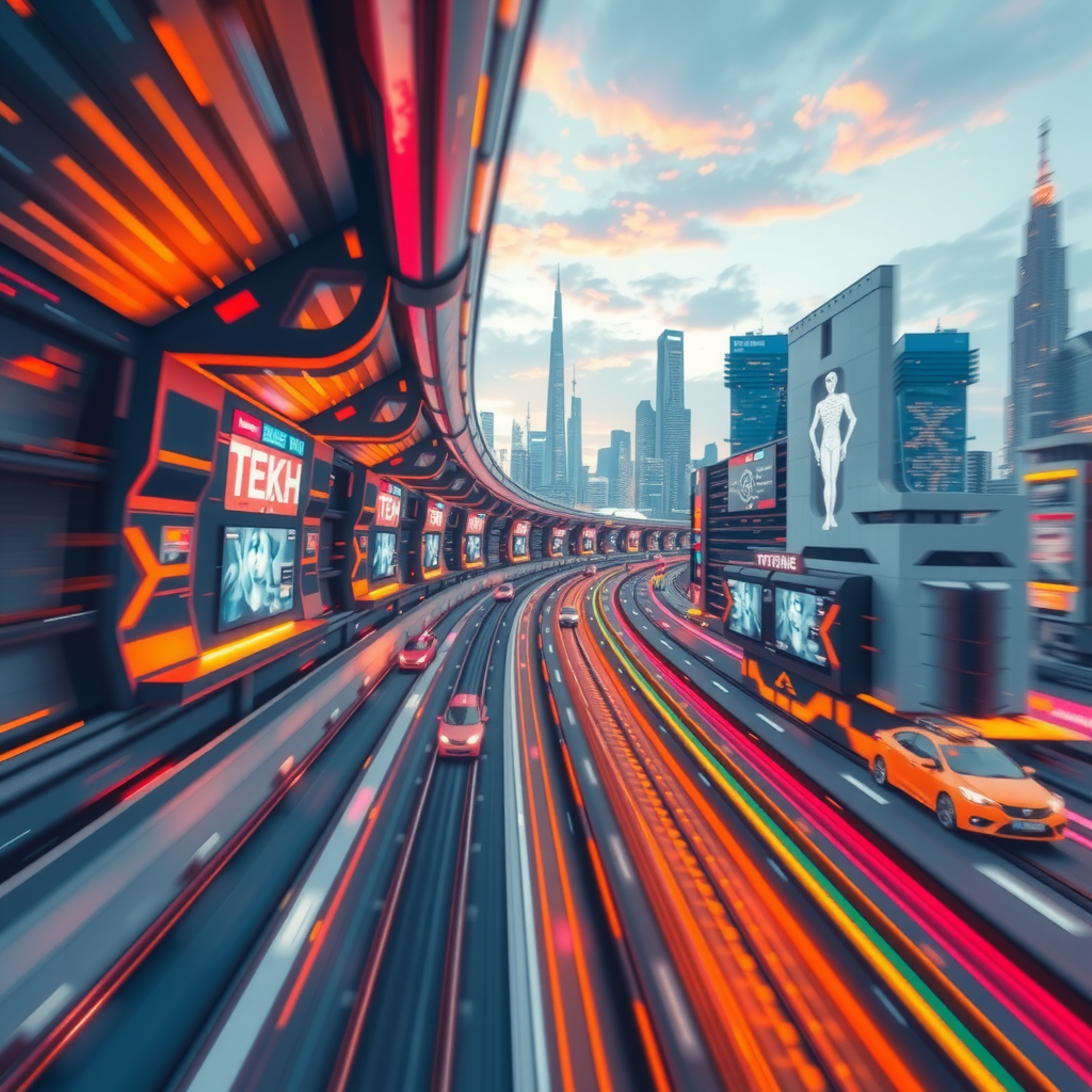 ai-generated image of a futuristic high-speed city with tech innovation hubs, symbolizing speed in development. 