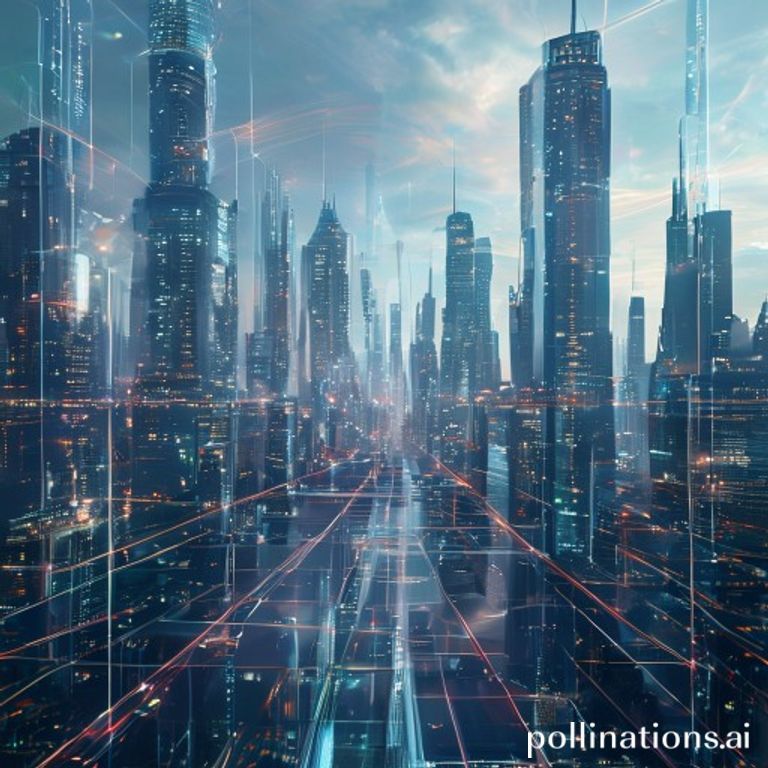 A futuristic city powered by decentralized blockchain nodes, showing a transparent system.