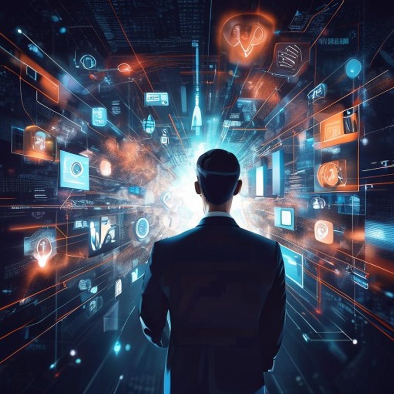 ai-generated image of a business professional facing crossroads, with tech-inspired solutions visualized around them