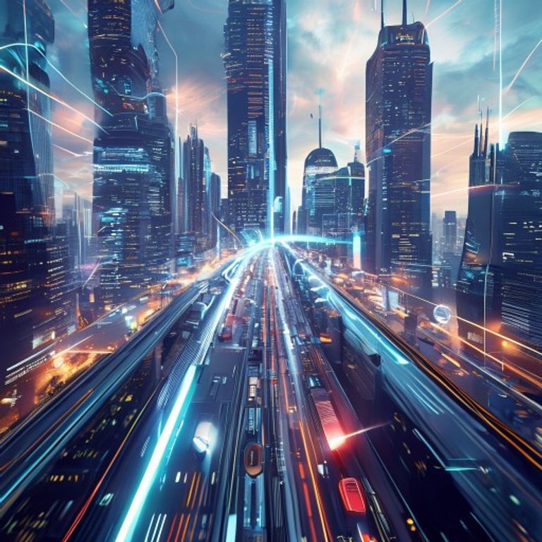 ai-generated image of a futuristic high-speed city with tech innovation hubs, symbolizing speed in development. 