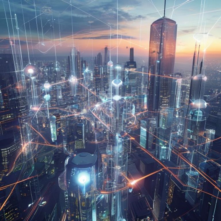 A futuristic city powered by decentralized blockchain nodes, showing a transparent system.