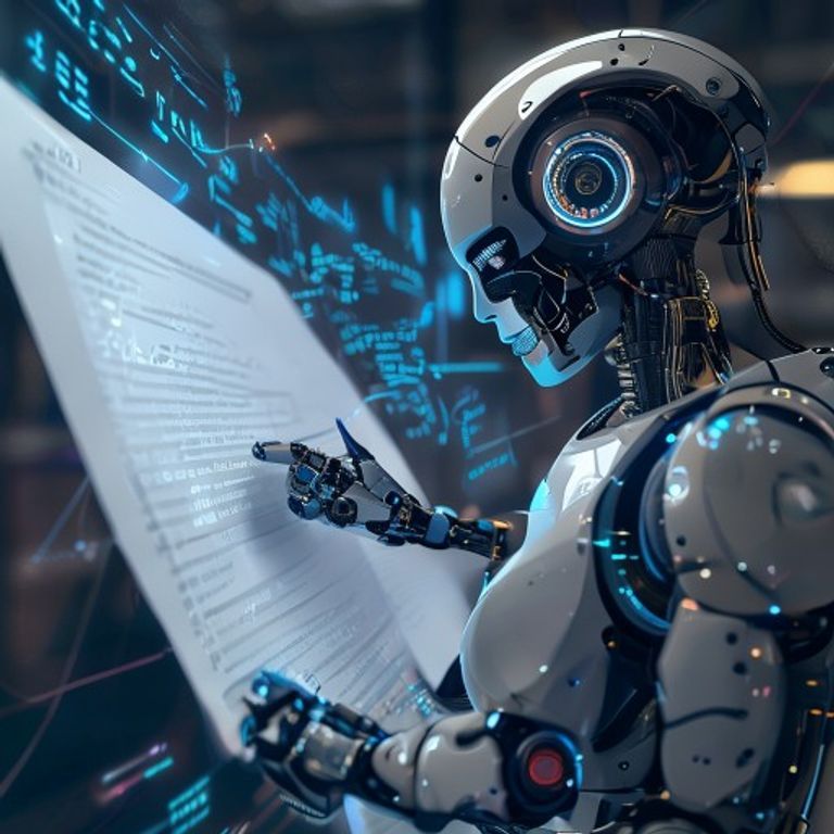 ai-generated image of an AI robot writing on a digital notepad, with words forming dynamically