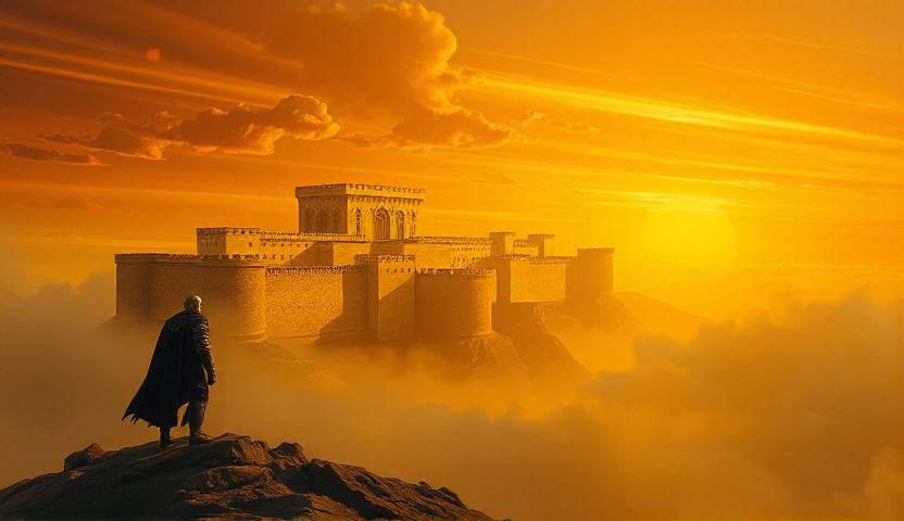 A distant walled city built entirely of pale gold stone, glowing as if lit from within by late-afternoon sun, perched on a high plateau surrounded by mist. A single massive shadow falls across half the city despite no visible object casting it, as if the darkness has a will of its own. A lone armored figure stands on a rocky outcrop in the foreground, gazing toward the city, dwarfed by the scale of the vision. The sky is a deep amber-orange, streaked with strange cloud formations that don't quite obey natural physics. The overall feel is dreamlike and ominous — beauty shadowed by dread, like a half-remembered myth. Painterly, atmospheric lighting, warm gold and deep umber palette, epic fantasy scale, matte painting style.