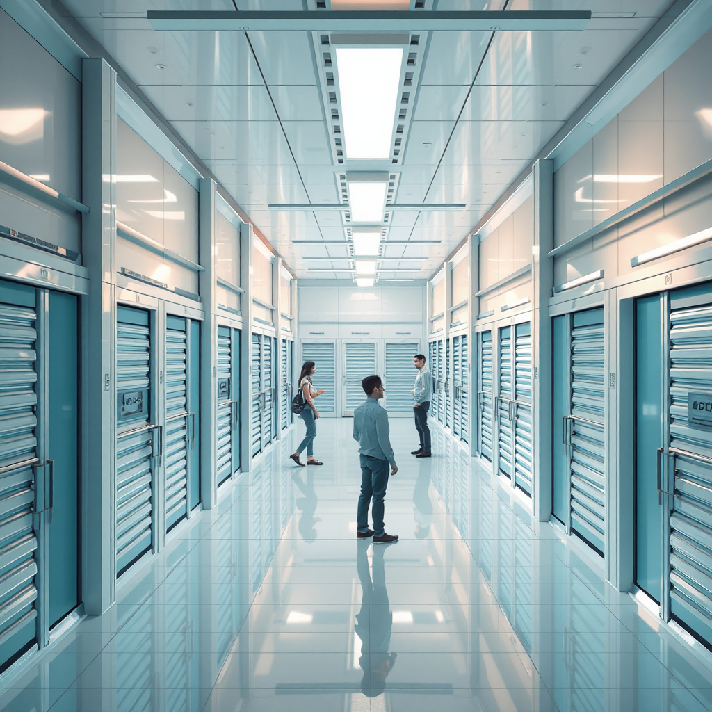 ai-generated image of a futuristic storage-sharing economy, showing people renting out spaces