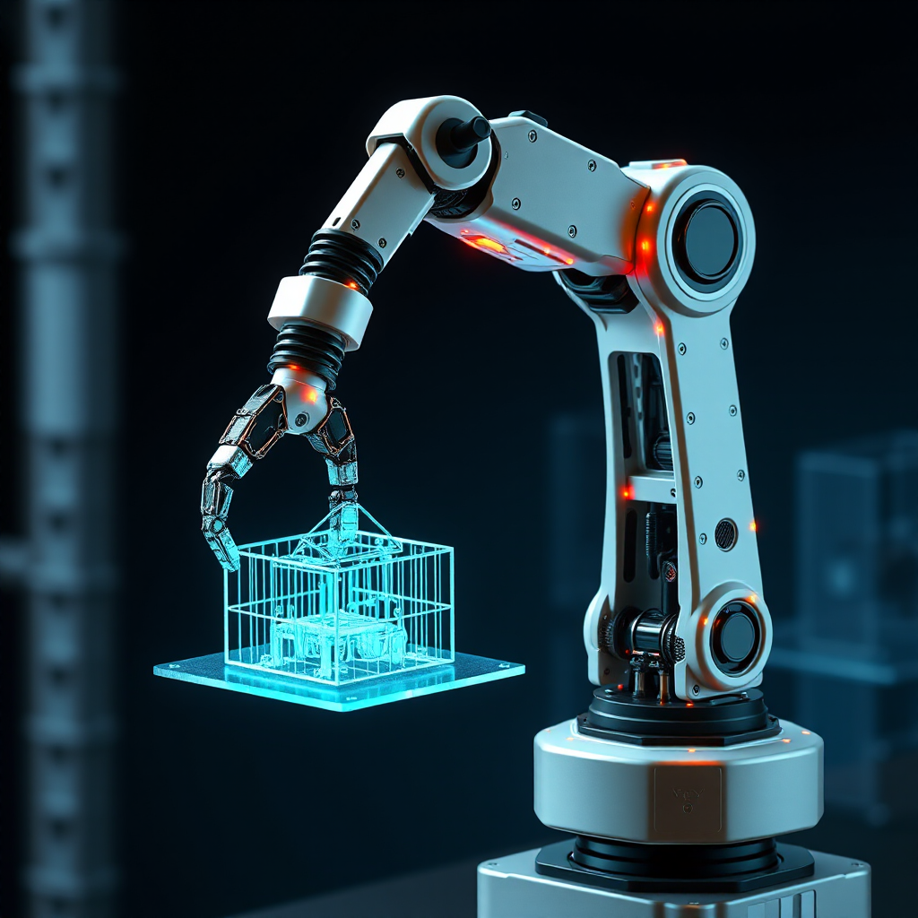 ai-generated image of a robotic arm assembling a digital prototype, representing rapid development