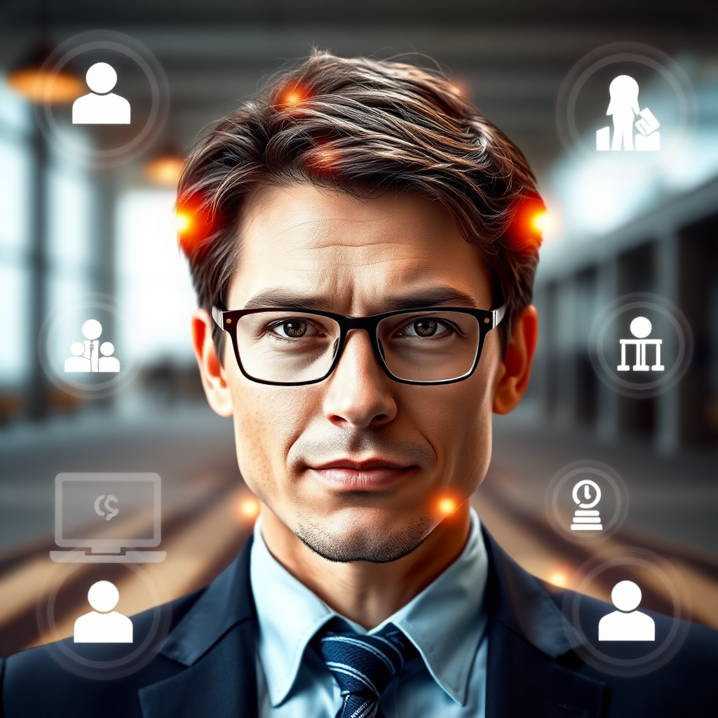 ai-generated image of a business professional facing crossroads, with tech-inspired solutions visualized around them