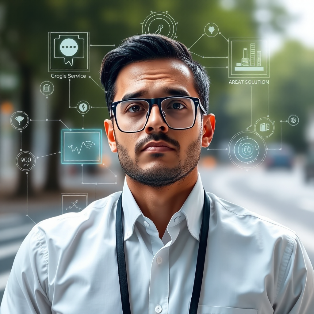 ai-generated image of a business professional facing crossroads, with tech-inspired solutions visualized around them
