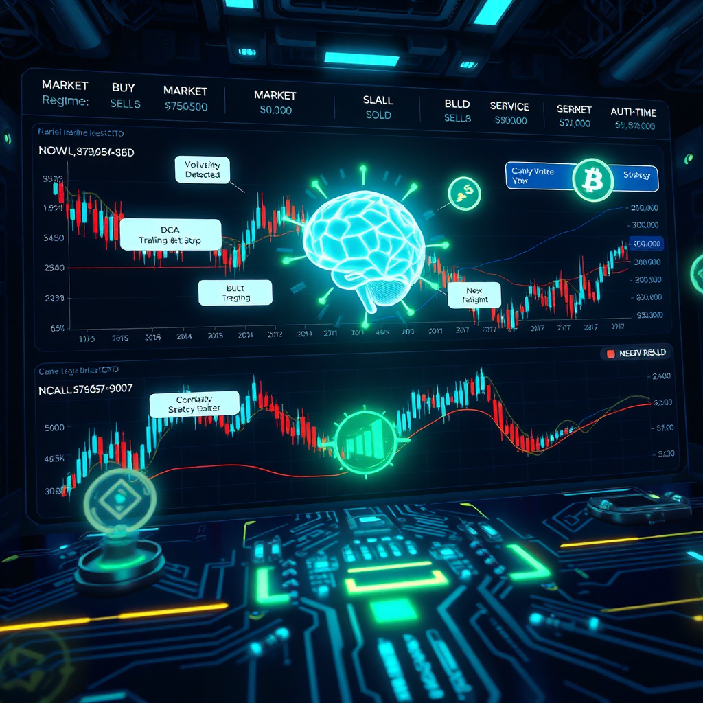 Create a futuristic, high-tech dashboard interface showcasing an autonomous crypto trading AI. The scene includes: • Real-time candlestick charts with AI annotations (“BUY”, “SELL”, “HOLD”) • Labels like “Market Regime: Bull”, “Volatility Spike Detected”, and “Confidence &amp;amp;gt; 80%” • Floating icons or overlays representing DCA, trailing stop, and strategy voting • A glowing neural network brain integrated into a circuit board • Dark mode color palette with electric blue and neon green highlights The style should blend cyberpunk aesthetics with financial UI/UX design, ideal for a promo of CapTradeAI.com — a next-gen autonomous trading agent.