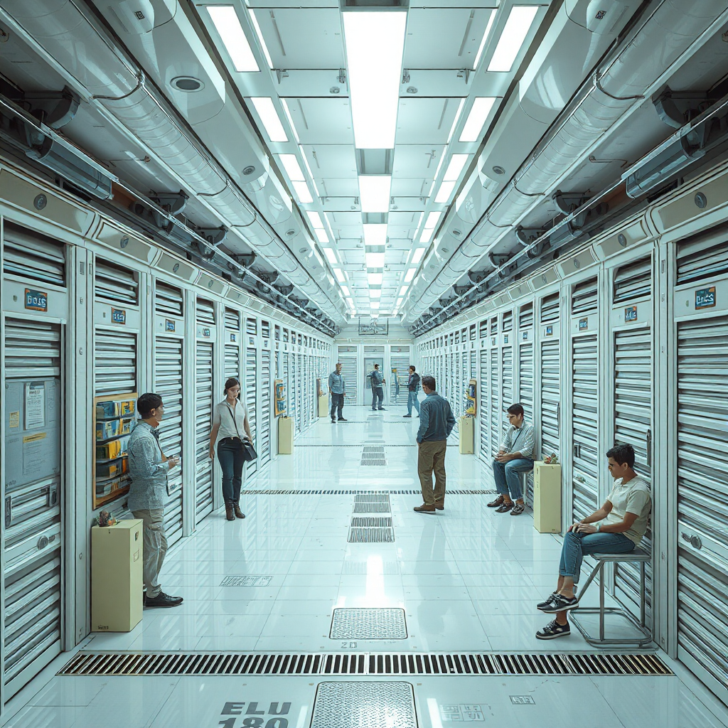 ai-generated image of a futuristic storage-sharing economy, showing people renting out spaces
