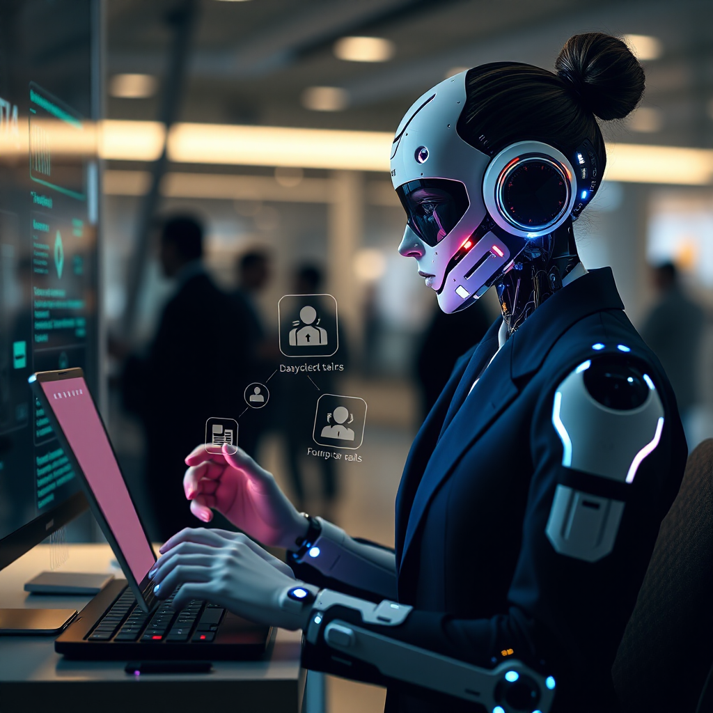 A futuristic AI assistant handling various business tasks.