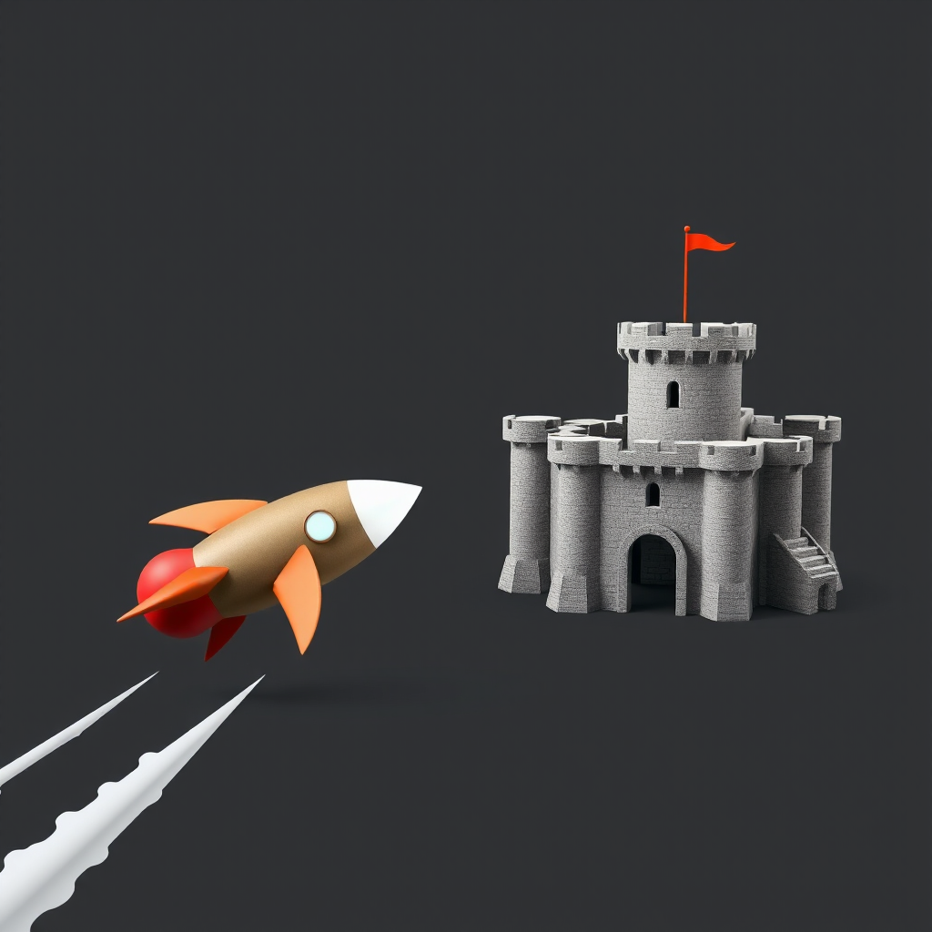 A race between a rocket (speed) and a fortified castle (stability).