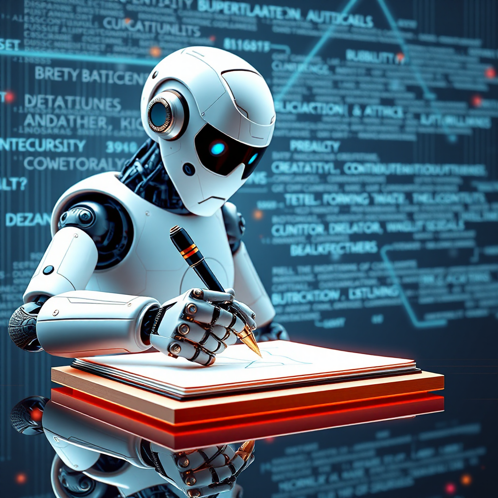 ai-generated image of an AI robot writing on a digital notepad, with words forming dynamically