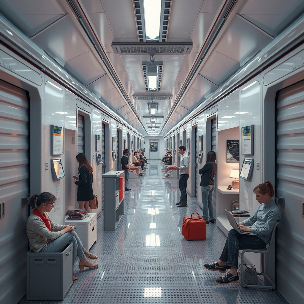 ai-generated image of a futuristic storage-sharing economy, showing people renting out spaces