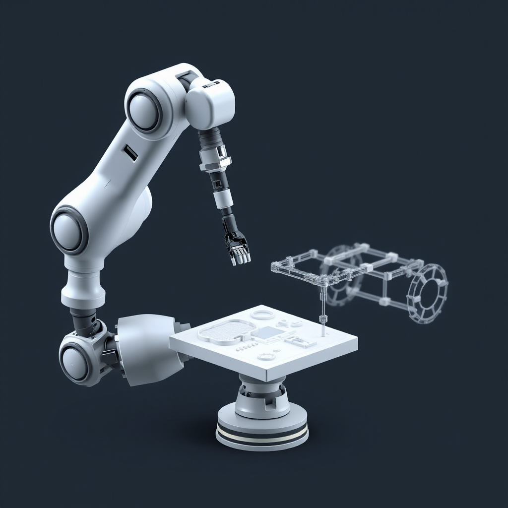 ai-generated image of a robotic arm assembling a digital prototype, representing rapid development