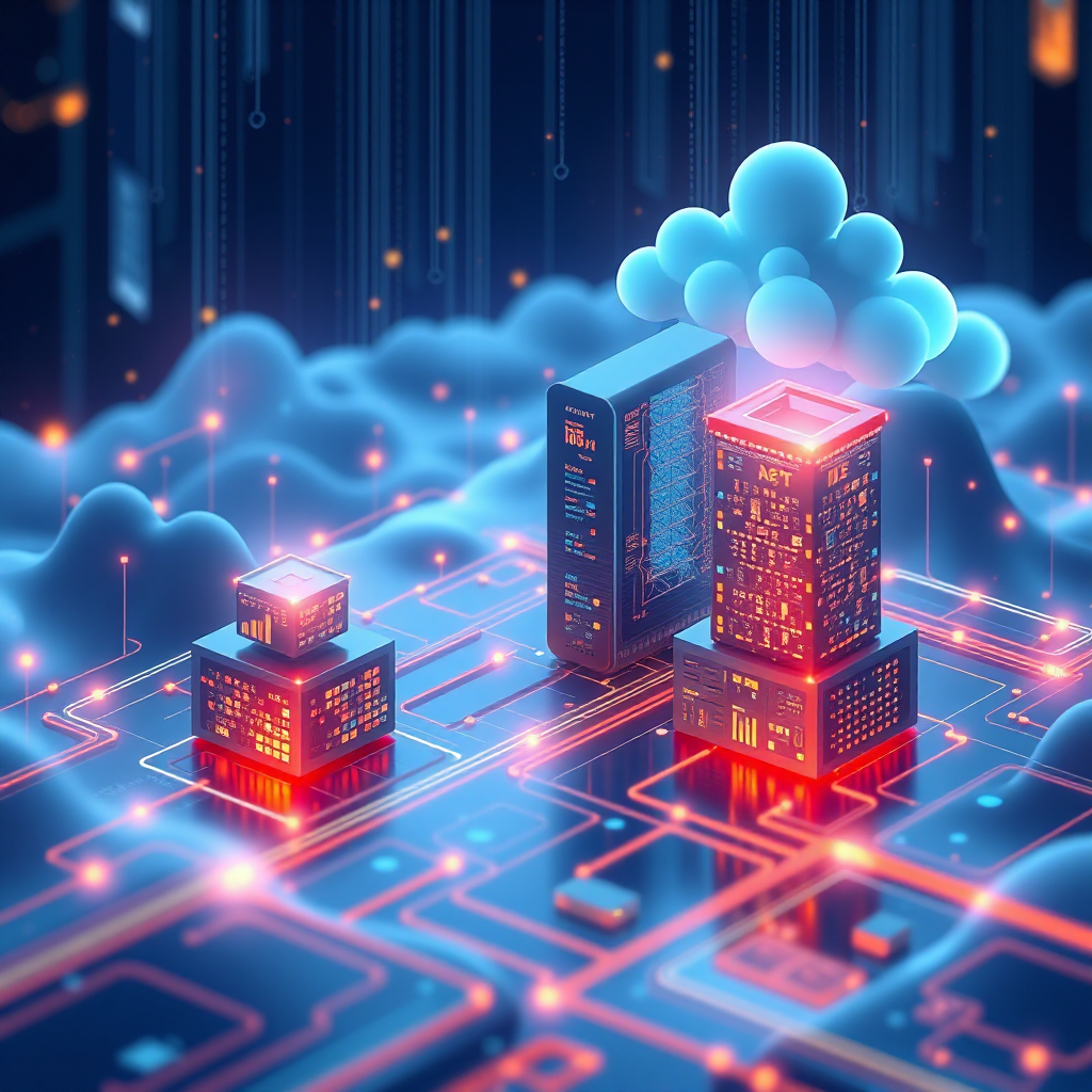Visualize scaling technology and future tech by different backend architecture choices. Create an image that is creating an athmosphere about future technology. 