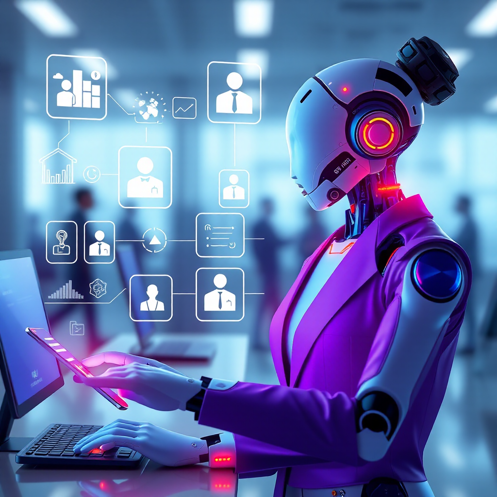 A futuristic AI assistant handling various business tasks.